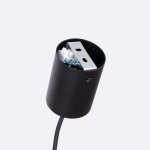 Lampa wisząca Mula D45 w kolorze czarnym z elementami beżowymi, widok z góry na oprawę E27. Wnętrze oprawy zawiera metalowy uchwyt oraz przewody elektryczne. Kabel zasilający jest w oplocie tekstylnym.