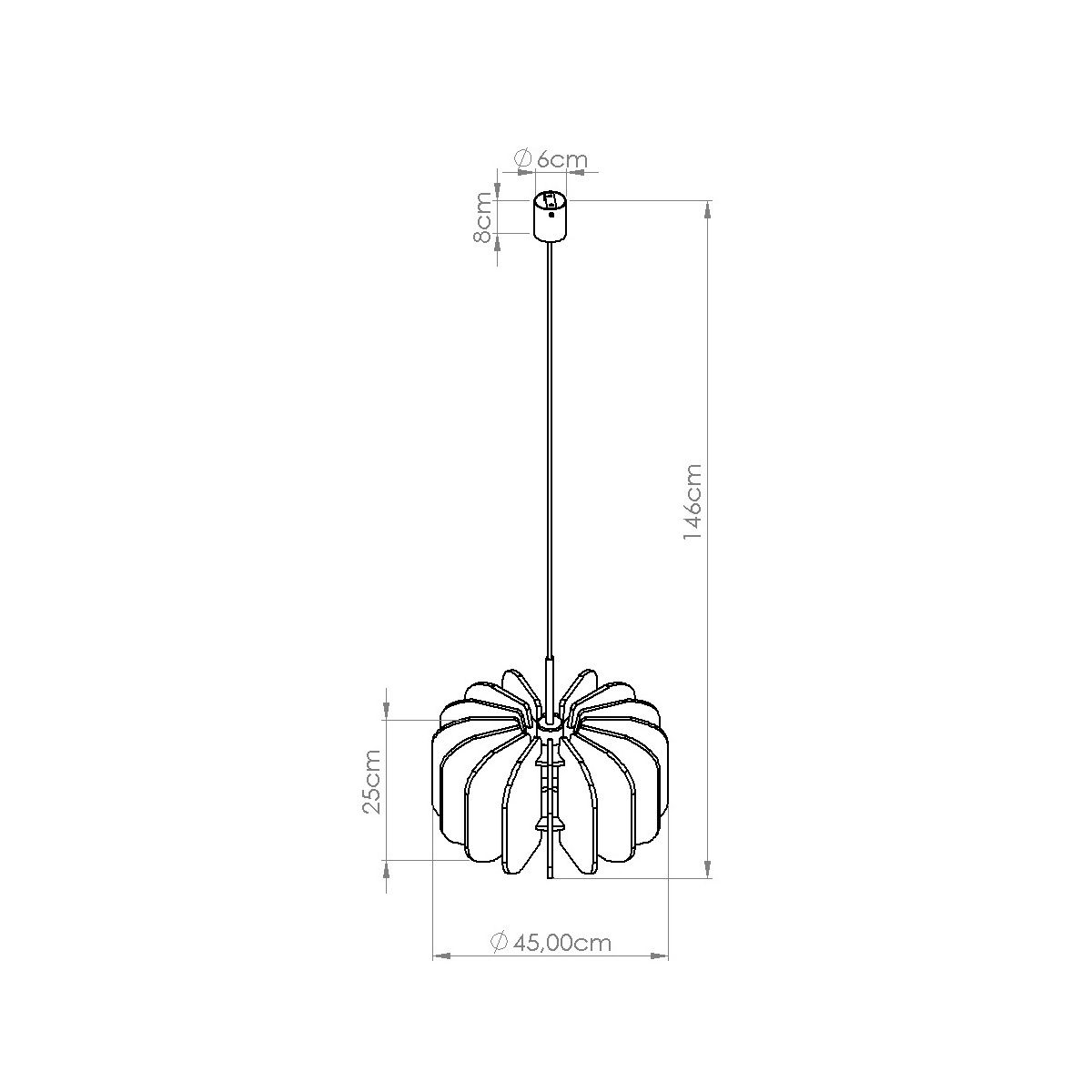 Lampa wisząca Mula D45 z kompozycją czarnych i żółtych elementów, o średnicy 45 cm i wysokości 146 cm. Posiada jedno gniazdo E27. Ujęcie z boku ukazuje szczegóły konstrukcji i kształt.