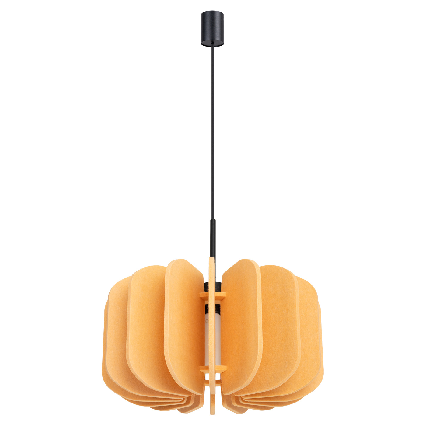 Lampa wisząca Mula D45 w kolorze czarnym i żółtym, z kloszem składającym się z zaokrąglonych elementów, zawieszona na cienkim przewodzie. E27 jako źródło światła, umieszczona w centralnej części. Prosty, nowoczesny design.