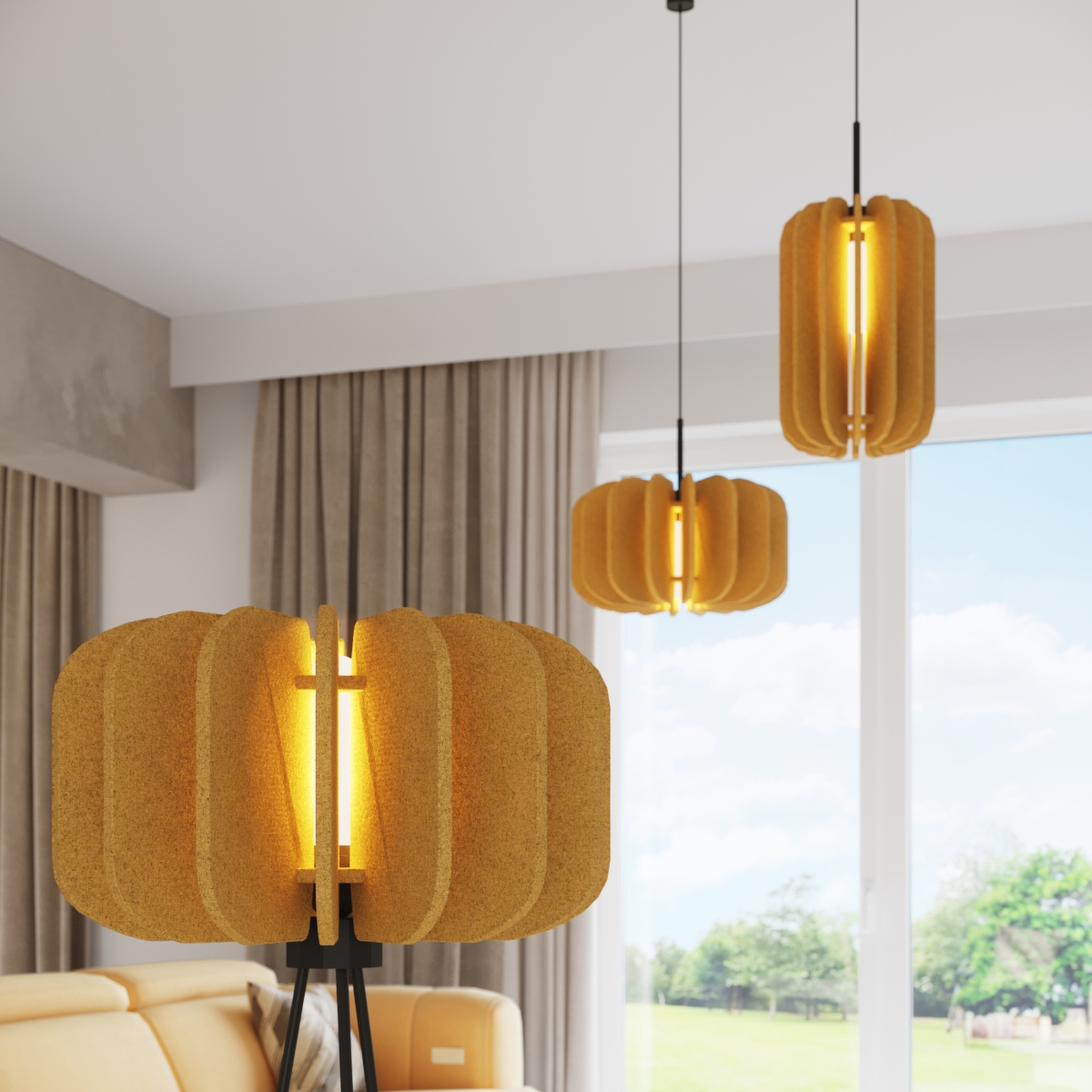 Lampa wisząca Mula D45 w kolorze czarnym i żółtym z kloszem w kształcie prostokątnych segmentów. Zawieszona na cienkim kablu, emituje ciepłe światło, tworząc przytulną atmosferę w nowoczesnym wnętrzu.