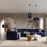 Lampa wisząca Mula D45, czarna z granatowymi detalami, zawieszona na cienkim kablu. Posiada okrągły klosz z teksturowanej tkaniny. Widoczna w nowoczesnym wnętrzu z sofą, stolikiem kawowym i regałem. Tło jasne, z dekoracyjną ścianą.