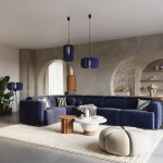 Lampa wisząca Mula D45 z oprawą w kolorze czarnym i granatowym, z jednym gniazdem E27. Zawieszona na czarnych kablach, umieszczona w nowoczesnym wnętrzu z granatową sofą, drewnianymi stolikami i roślinami.
