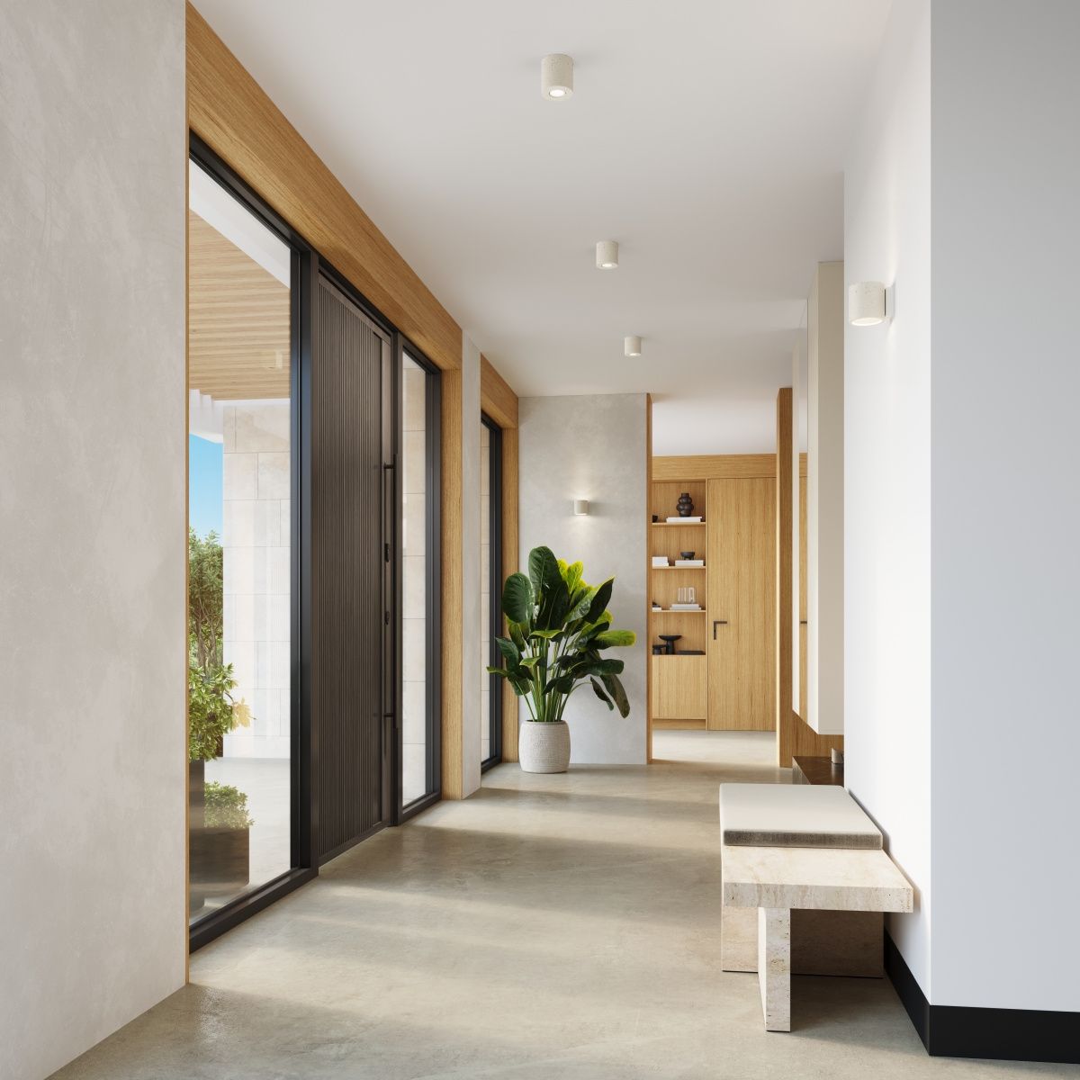 Beżowa lampa sufitowa Orbis Beton 1xGU10, montowana na suficie, z minimalistycznym designem. Widoczna w jasnym korytarzu, podkreślająca nowoczesne wnętrze z drewnianymi akcentami i rośliną w donicy.