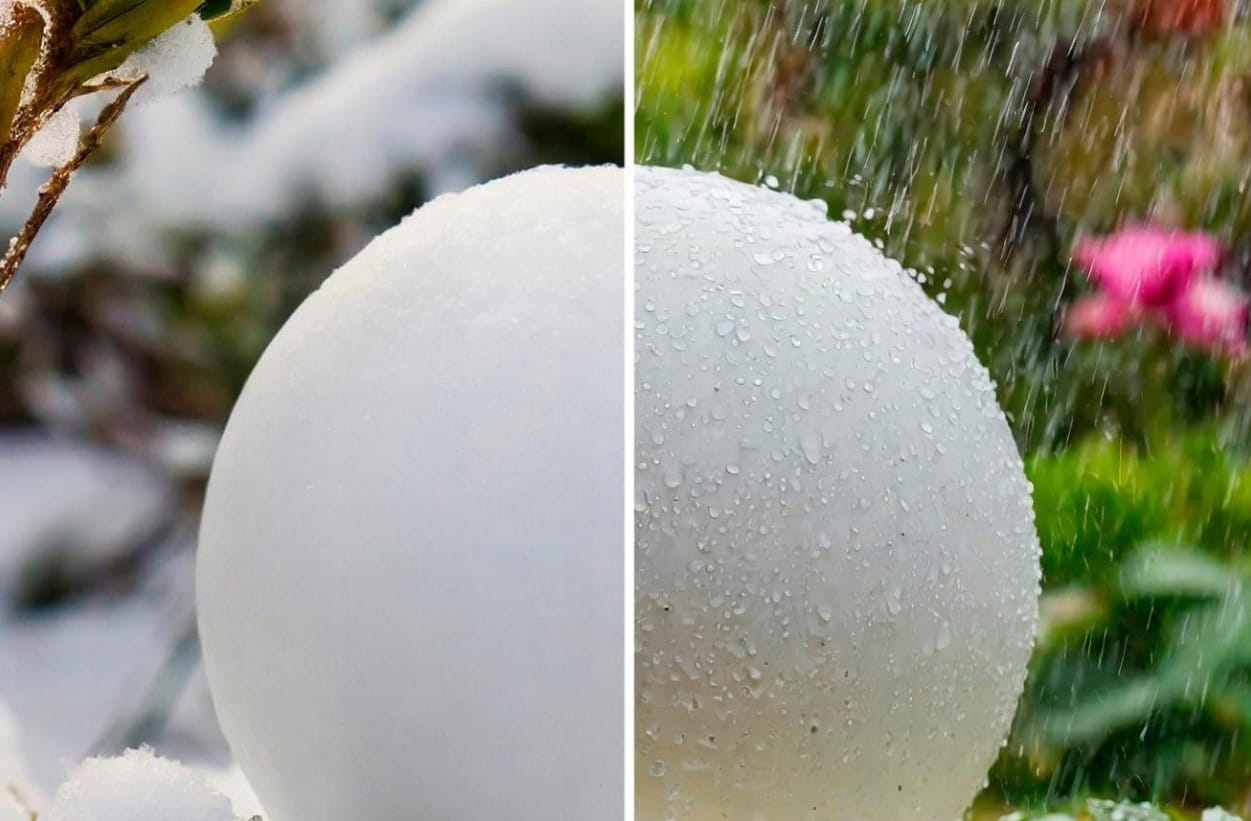 Biała lampa solarna ogrodowa Ballo w kształcie kuli o średnicy 25 cm i wysokości 60 cm, wykonana z materiału odpornego na warunki atmosferyczne. Widoczna w kontekście deszczu, z kroplami wody na powierzchni, otoczona zielonymi roślinami.