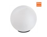 Ballo lampa solarna ogrodowa, okrągła, o średnicy 25 cm i wysokości 60 cm. Wykonana z białego, matowego materiału, stojąca na czarnej podstawie. W prawym górnym rogu widoczna informacja o źródle LED.