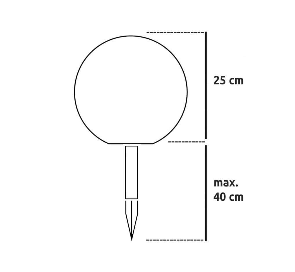 Ballo lampa solarna ogrodowa o średnicy 25 cm i wysokości 60 cm z białym kloszem. Produkt przedstawiony w zarysie, z wbudowanym szpikulcem do wbijania w ziemię. Idealna do oświetlenia ogrodu lub tarasu.