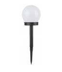 Lampa solarna ogrodowa Ballo D10/H34 z białą, okrągłą kopułą. Ustawiona pionowo na czarnym, wąskim stelażu z szpicem. Idealna do oświetlenia ogrodu lub ścieżek, zapewniając eleganckie, subtelne światło.