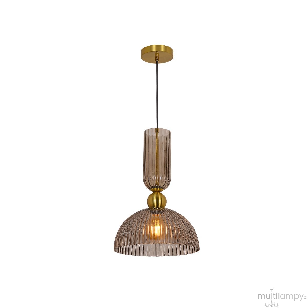 Lampa wisząca Piega D30 z oprawą w patynie i dymionym kloszem. Klosz w kształcie kopuły z teksturowanego szkła, zawieszona na cienkim przewodzie. U góry złota podsufitka, całość w eleganckim stylu. Wymaga żarówki E27.