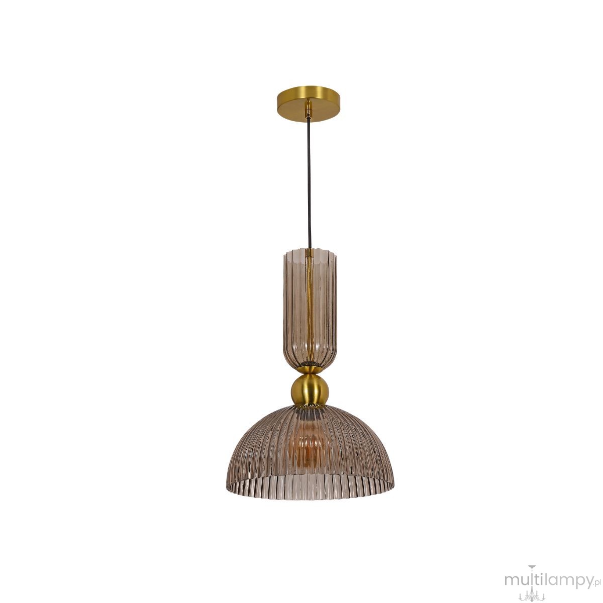 Lampa wisząca Piega D30 z jednym gniazdem E27, w kolorze patynowym i dymionym. Składa się z cylindrycznej, żłobkowanej osłony oraz półkulistego klosza. Ułożona pionowo, zawieszona na cienkim przewodzie. Tło białe.
