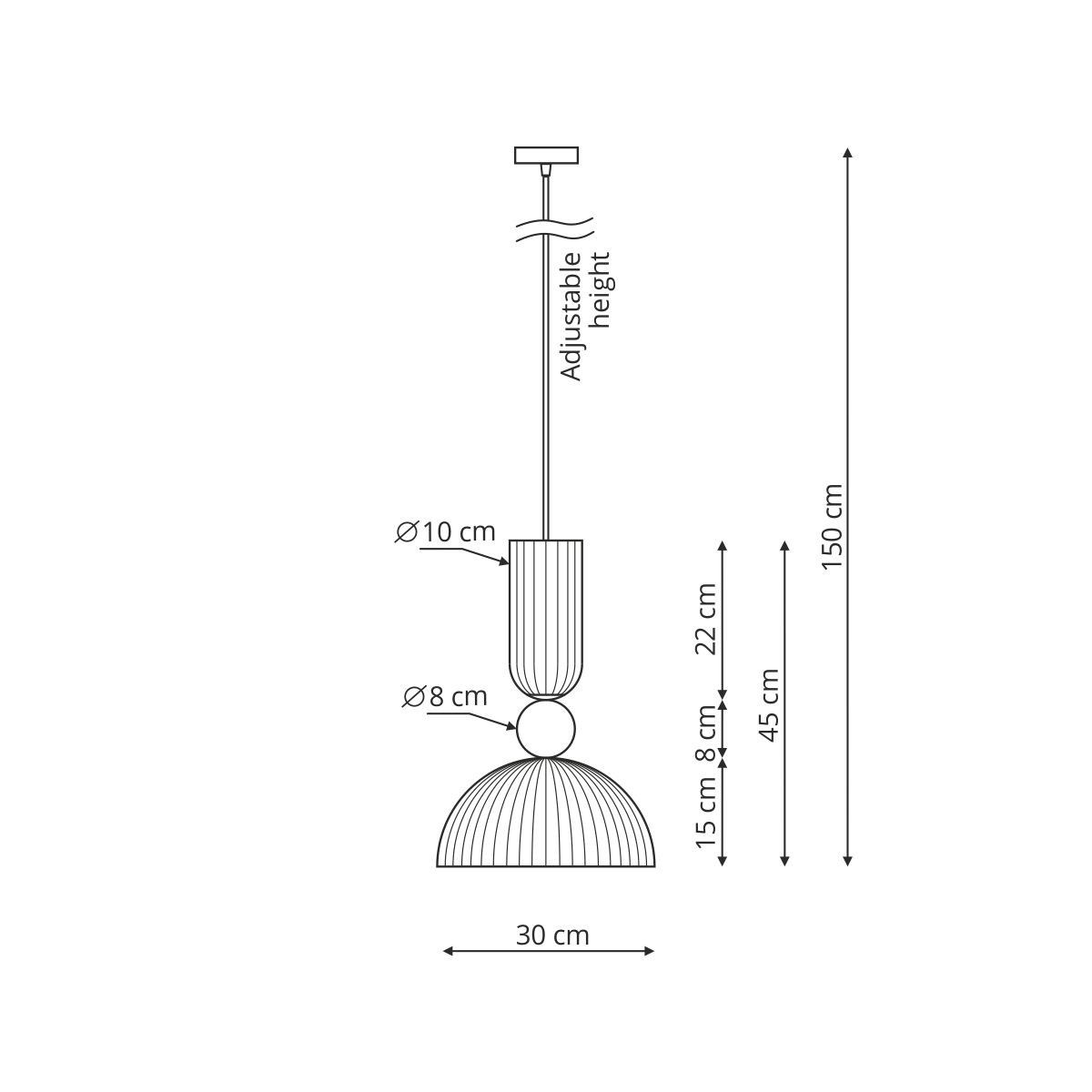 Lampa wisząca Piega D30 z kloszem o średnicy 30 cm w kolorze bursztynowym, wykonana z materiału z efektowną fakturą. Wysokość regulowana do 150 cm, z metalowym wykończeniem w patynie. Widoczna średnica górna 10 cm i dolna 8 cm.