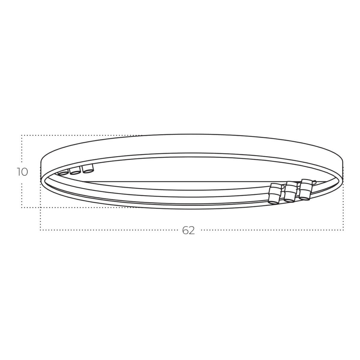 Lampa sufitowa Serafino D62 z siedmioma diodami LED, moc 34W, w złotej i czarnej kolorystyce. Owalny kształt, wymiary 62 cm długości i 10 cm wysokości. Elementy montażowe widoczne na rysunku technicznym.