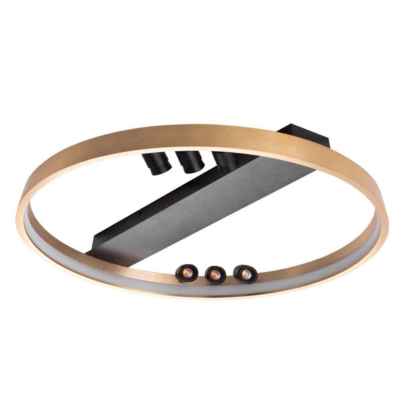 Lampa sufitowa Serafino D82 z 7 diodami LED, moc 43W. Okrągła, złota obręcz z matowego metalu, czarna baza z trzema regulowanymi punktami świetlnymi. Widok z góry, lampa montowana na suficie.
