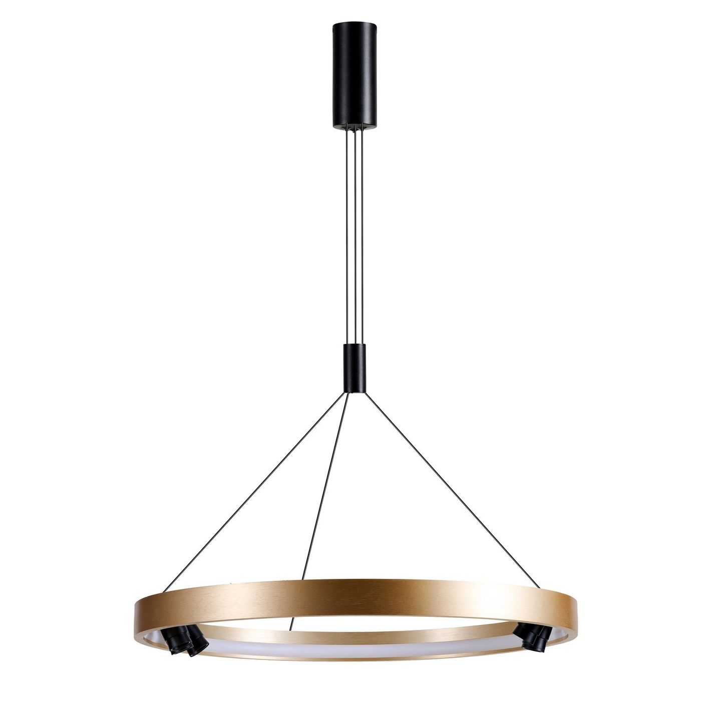 Lampa wisząca Serafino D60 z siedmioma diodami LED, o mocy 34W, w złotym kolorze z czarnymi detalami. Okrągły kształt, zawieszona na cienkich linkach, z minimalistycznym designem. Wisi na czarnym elemencie montażowym.