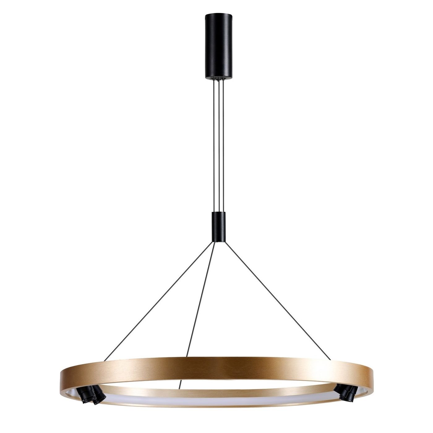 Lampa wisząca Serafino D80 w kolorze złotym i czarnym, z siedmioma diodami LED o łącznej mocy 43W. Okrągły kształt, zawieszona na cienkich linkach, z minimalistycznym czarnym mocowaniem. Idealna do nowoczesnych wnętrz.