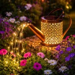 Konewka lampa solarna ogrodowa w kształcie metalowej konewki z ażurowym wzorem, emituje ciepłe światło LED. Ustawiona na kamieniu, w otoczeniu kolorowych kwiatów, z efektem strumienia światła na zewnątrz.