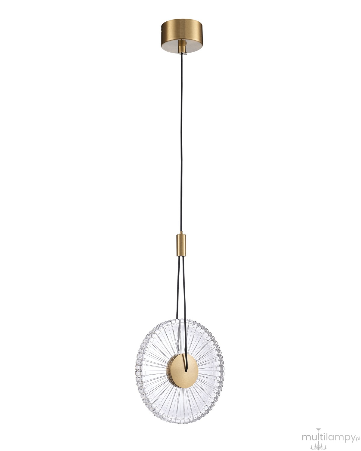 Lampa wisząca LED Sunblast 5W 3000K w złotym kolorze z przezroczystym kloszem o okrągłym kształcie, zawieszona na czarnym przewodzie. Widoczny metalowy uchwyt oraz dekoracyjne żłobienia na kloszu.