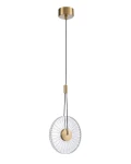 Lampa wisząca LED Sunblast 5W 3000K w złotym kolorze z przezroczystym kloszem o okrągłym kształcie, zawieszona na czarnym przewodzie. Widoczny metalowy uchwyt oraz dekoracyjne żłobienia na kloszu.