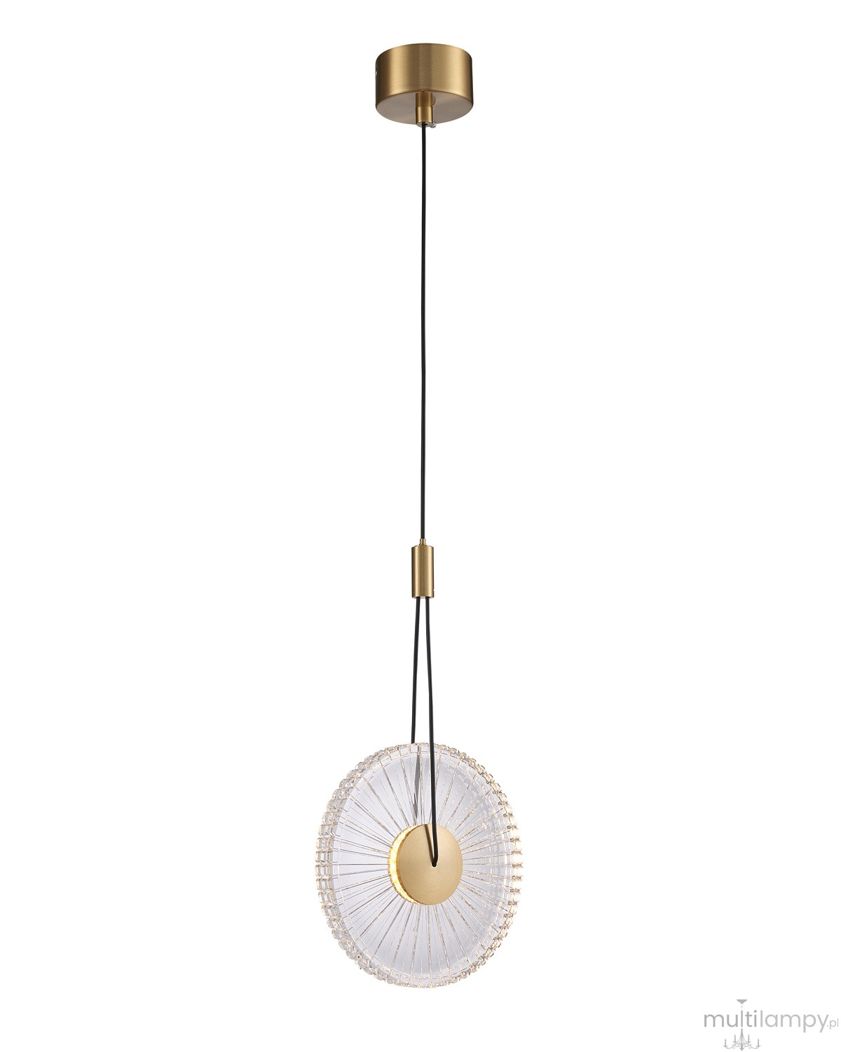Lampa wisząca LED Sunblast 5W 3000K w złotym kolorze, z okrągłym kloszem z przezroczystego materiału i dekoracyjnym wzorem. Ujęcie frontalne, zawieszona na czarnym przewodzie, z metalowym mocowaniem sufitowym.