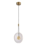 Lampa wisząca LED Sunblast 5W 3000K w złotym kolorze, z okrągłym kloszem z przezroczystego materiału i dekoracyjnym wzorem. Ujęcie frontalne, zawieszona na czarnym przewodzie, z metalowym mocowaniem sufitowym.