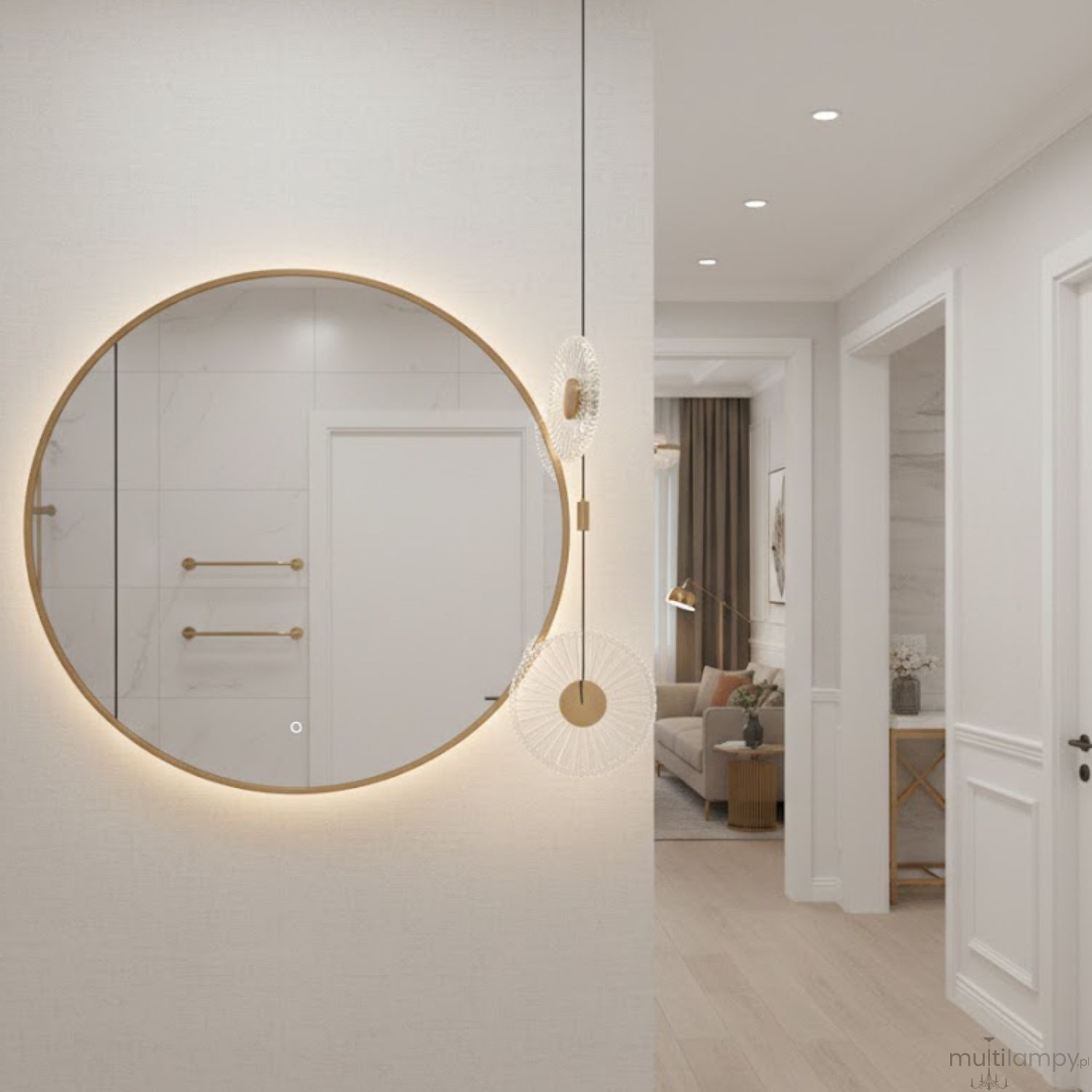 Lampa wisząca LED Sunblast 5W 3000K w złotym kolorze, zawieszona na cienkim kabelku, obok okrągłego lustra. Lampa ma subtelny, nowoczesny design, idealna do wnętrz. Tło w jasnych odcieniach, w aranżacji z eleganckim wystrojem.