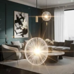 Lampa wisząca LED Sunblast 5W 3000K w złotym wykończeniu, z przezroczystym kloszem o okrągłym kształcie. Zawieszona na czarnym przewodzie w nowoczesnym wnętrzu, emitująca ciepłe światło, z widocznymi detalami dekoracyjnymi.