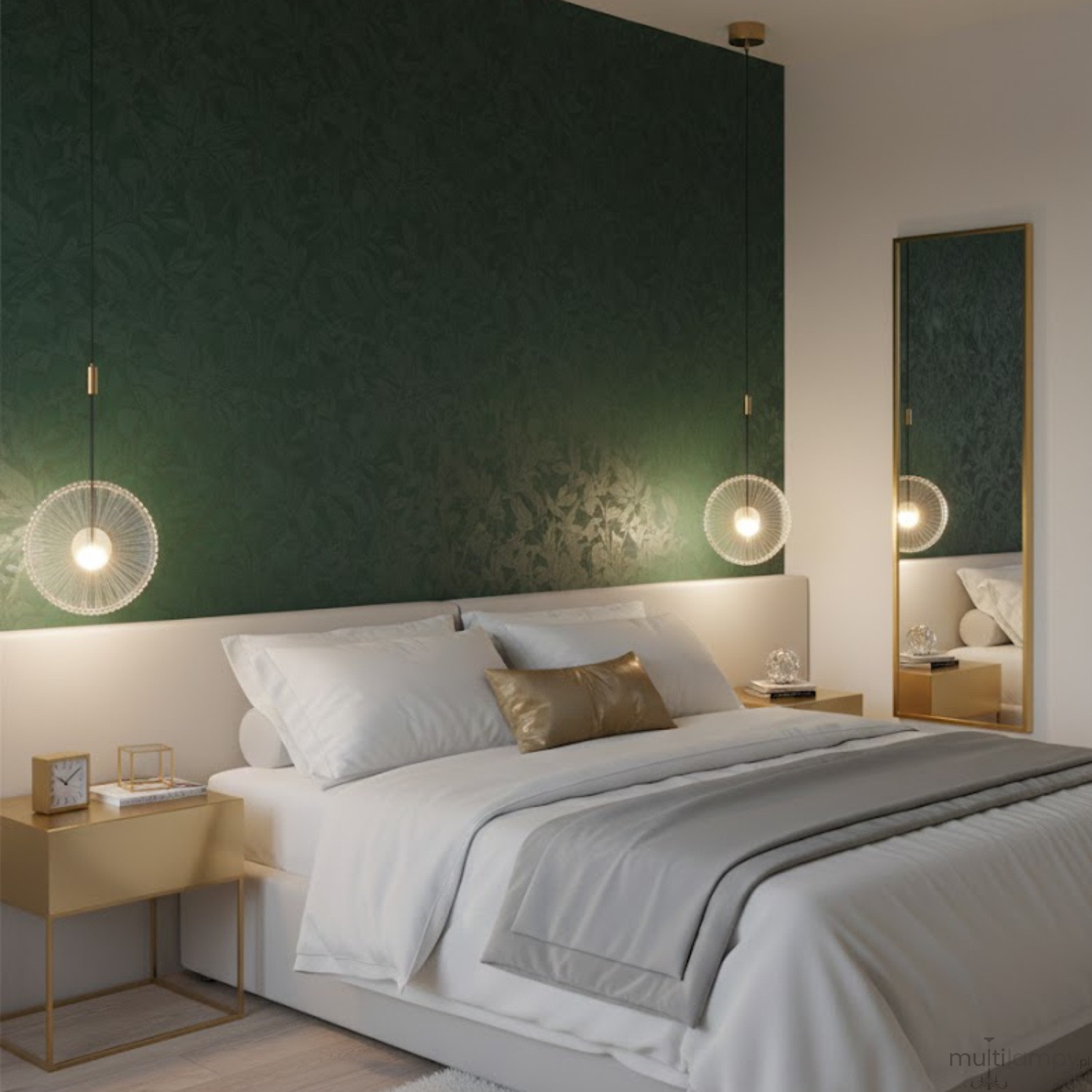 Lampa wisząca LED Sunblast 5W 3000K w kolorze złotym, umieszczona nad łóżkiem w sypialni. Ma okrągły klosz z przezroczystego materiału, zawieszona na długim kablu. W tle ciemnozielona ściana i duże lustro w złotej ramie.
