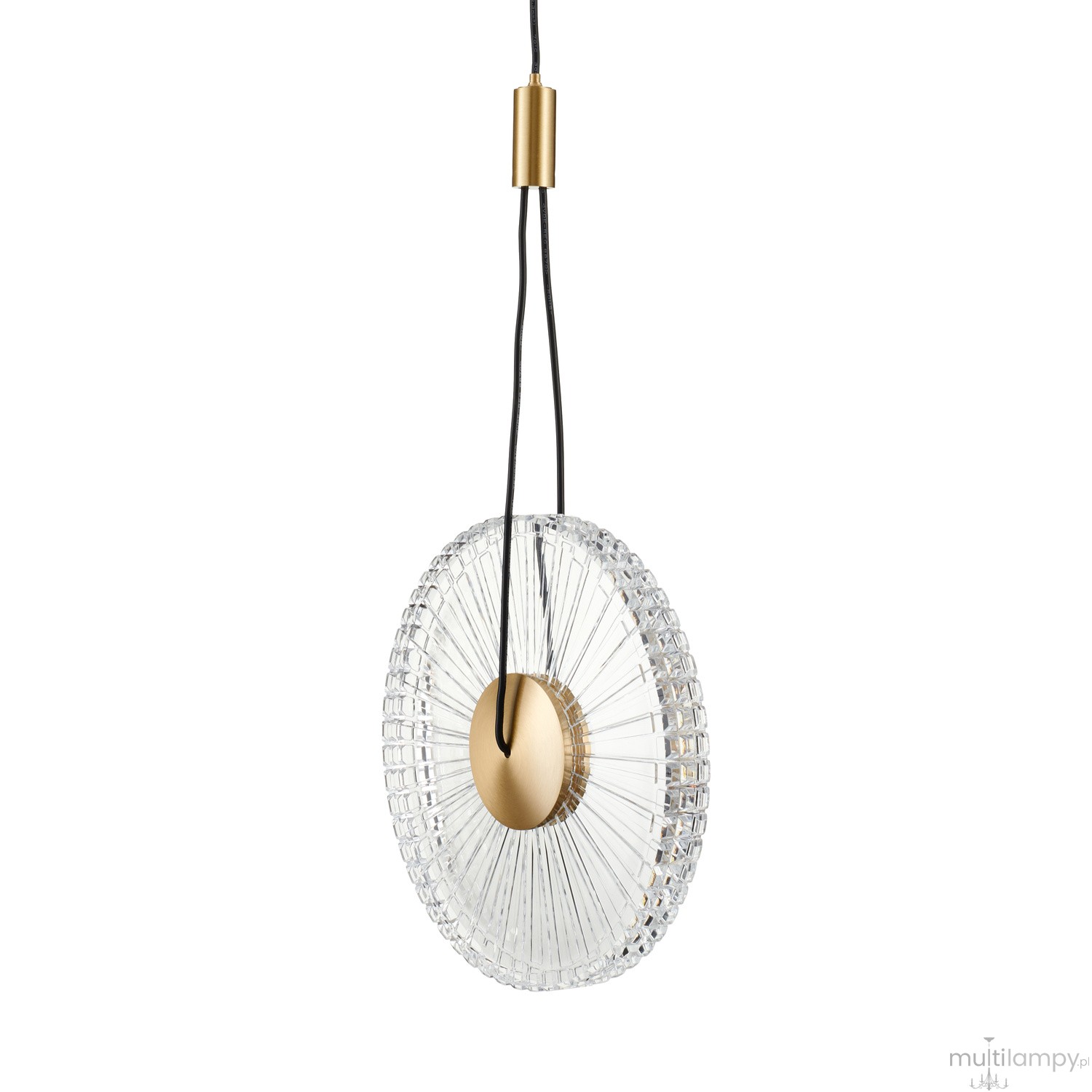 Lampa wisząca LED Sunblast 5W 3000K w złotym wykończeniu. Okrągła, przezroczysta klosz z teksturą, zawieszona na czarnym przewodzie. Centralna złota oprawa, elegancki design, idealna do nowoczesnych wnętrz.