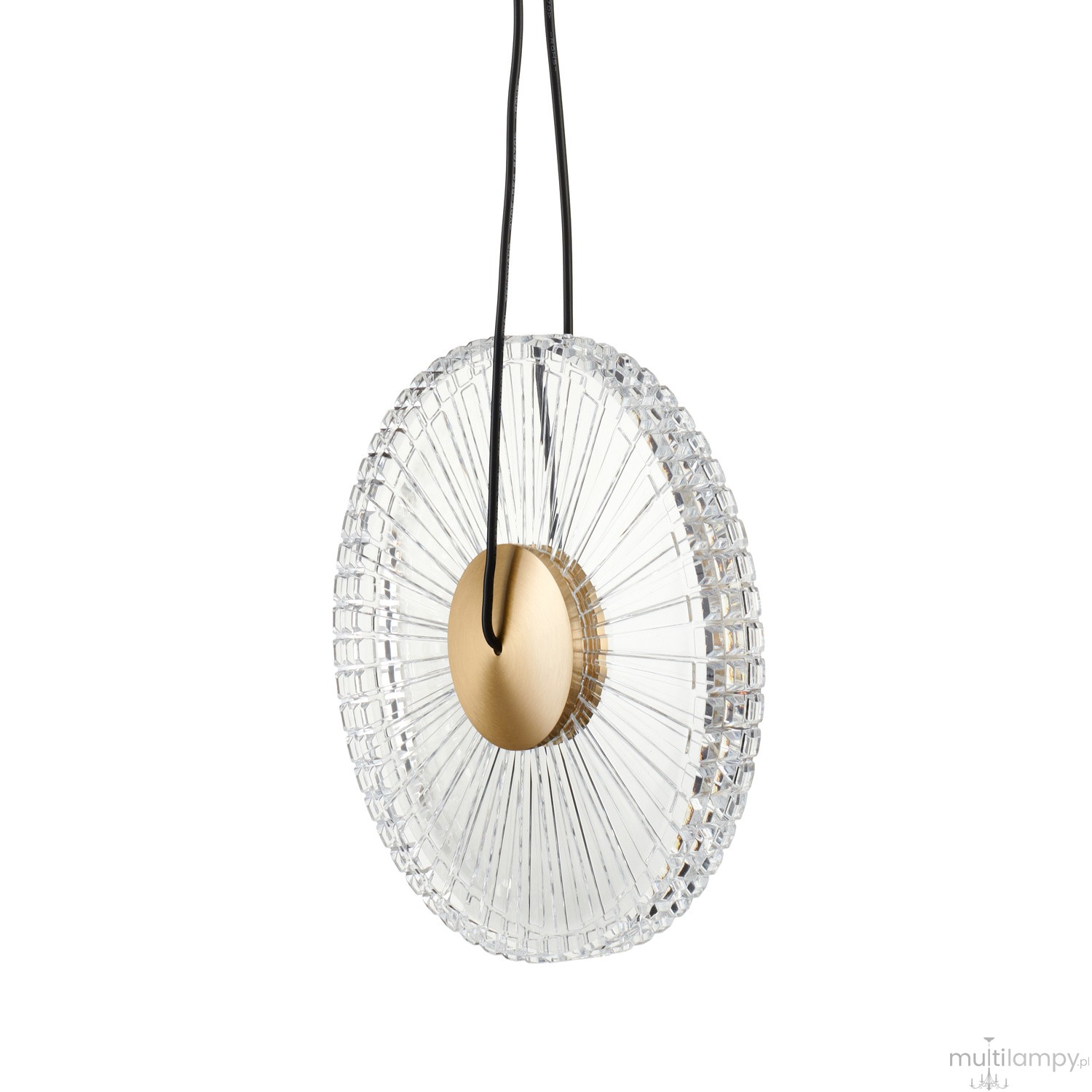 Lampa wisząca LED Sunblast 5W w kolorze złotym z przezroczystym kloszem, o okrągłym kształcie, zawieszona na czarnym przewodzie. Klosz posiada wyraźnie wyprofilowane żłobienia, co nadaje mu elegancki wygląd. Temperatura barwowa 3000K.
