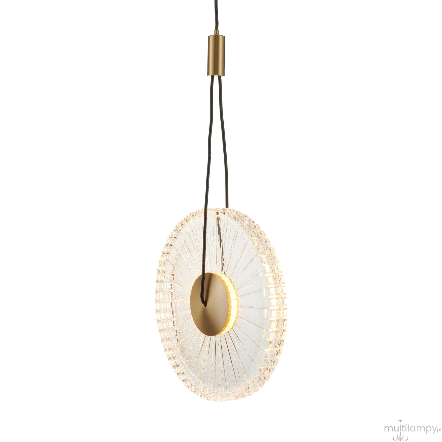 Lampa wisząca LED Sunblast 5W 3000K w kolorze złotym z okrągłym kloszem z przezroczystego szkła. Klosz o fakturze z promieniami, zawieszony na czarnym przewodzie. Widok z boku, podkreślający elegancki design i detale wykończenia.