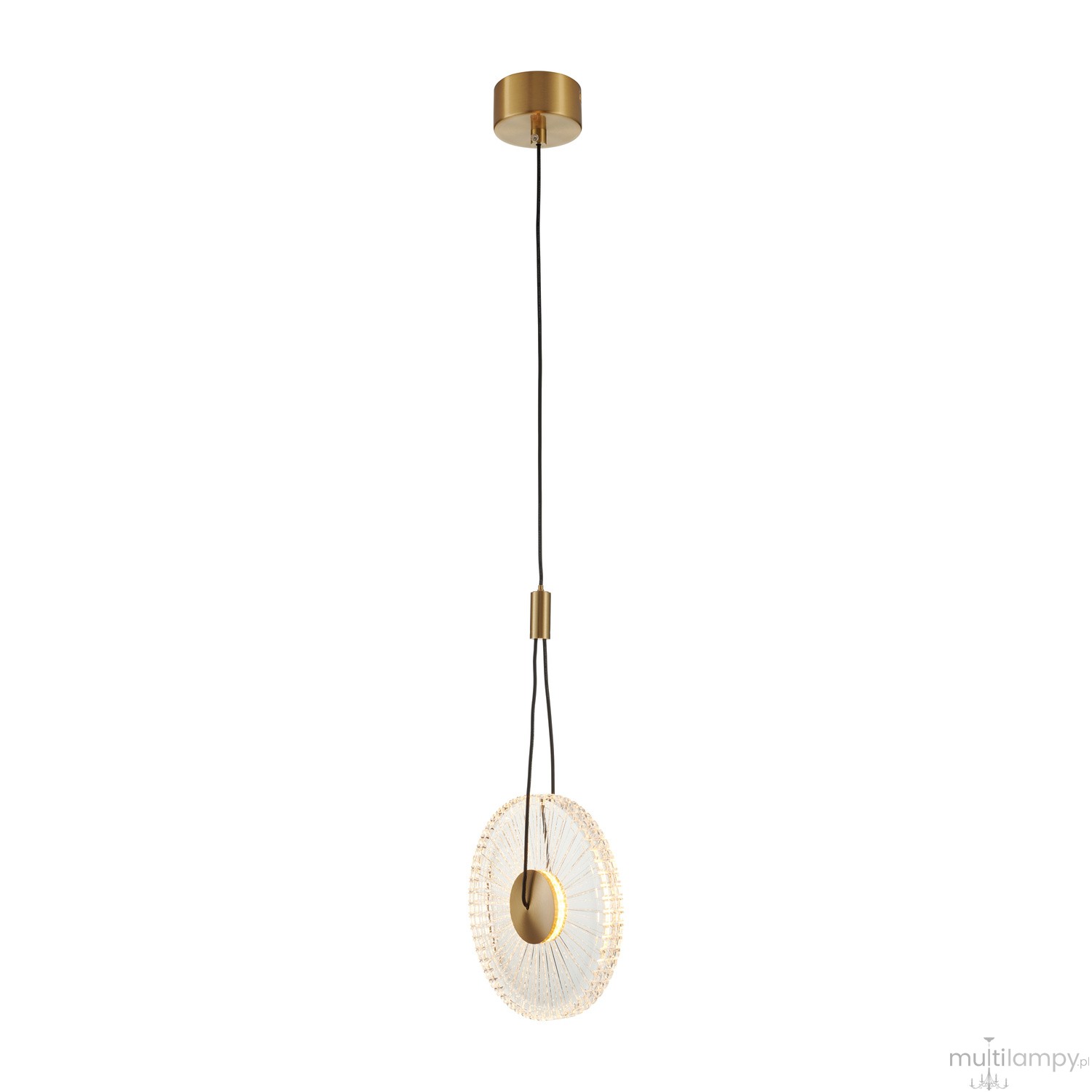 Lampa wisząca LED Sunblast 5W 3000K w kolorze złotym, o okrągłym kształcie z przezroczystą osłoną, zwisająca na czarnym przewodzie. Metalowy sufitowy uchwyt w złotym wykończeniu.