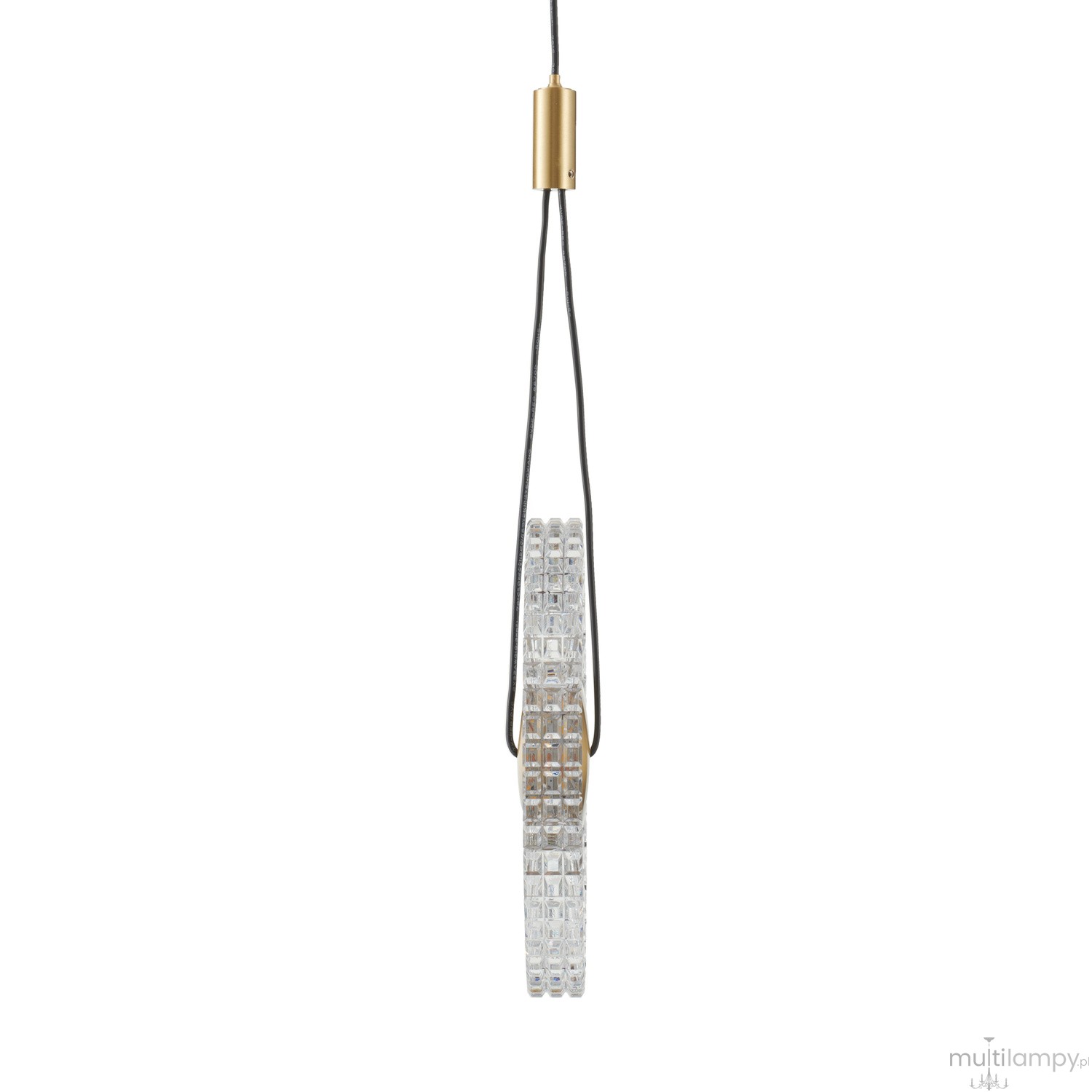 Lampa wisząca LED Sunblast 5W 3000K w kolorze złotym z przezroczystym, teksturowanym kloszem. Ujęcie frontalne, lampa zawieszona na czarnym przewodzie, w kształcie okrągłym, podkreślająca nowoczesny design.