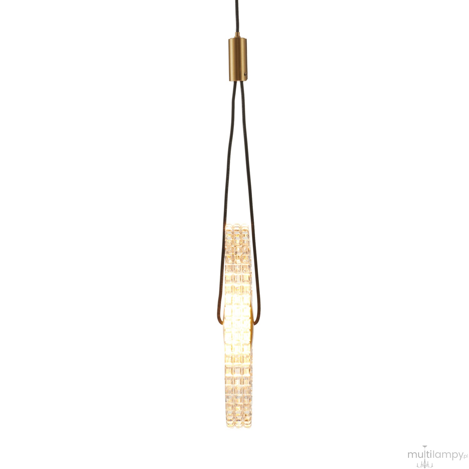 Lampa wisząca LED o mocy 5W, kolor złoty, z przezroczystym kloszem w formie pierścienia. Zawieszona na cienkim, czarnym przewodzie, prezentuje nowoczesny design. Źródło światła o temperaturze barwowej 3000K.