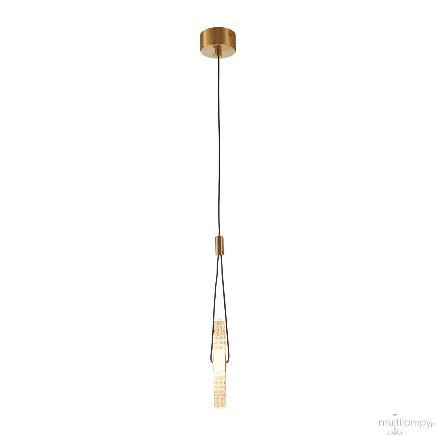 Lampa wisząca LED Sunblast 5W 3000K w kolorze złotym, z długim kablem. Prosty, cylindryczny kształt z przezroczystym kloszem. Zawieszona w pozycji pionowej, na białym tle, idealna do nowoczesnych wnętrz.