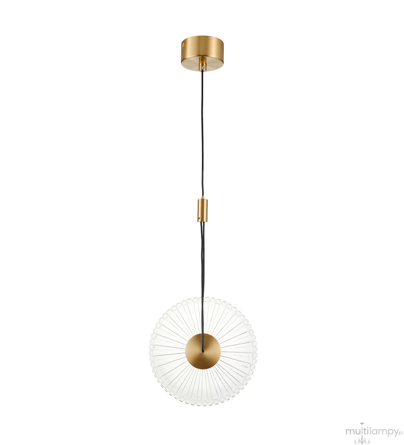 Lampa wisząca LED Sunblast 5W 3000K w kolorze złotym, z przezroczystym kloszem w kształcie okręgu, zawieszona na czarnym kablu. W zestawie z okrągłym, złotym mocowaniem sufitowym. Ujęcie frontalne.