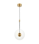 Lampa wisząca LED Sunblast 5W 3000K w kolorze złotym, z przezroczystym kloszem w kształcie okręgu, zawieszona na czarnym kablu. W zestawie z okrągłym, złotym mocowaniem sufitowym. Ujęcie frontalne.