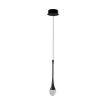 Czarna lampa wisząca LED Dalma o mocy 4W z długim, cienkim kablem. Klosz w kształcie kropli z przezroczystego materiału z efektem bąbelków. Ujęcie frontalne, zawieszona na jednolitym tle.