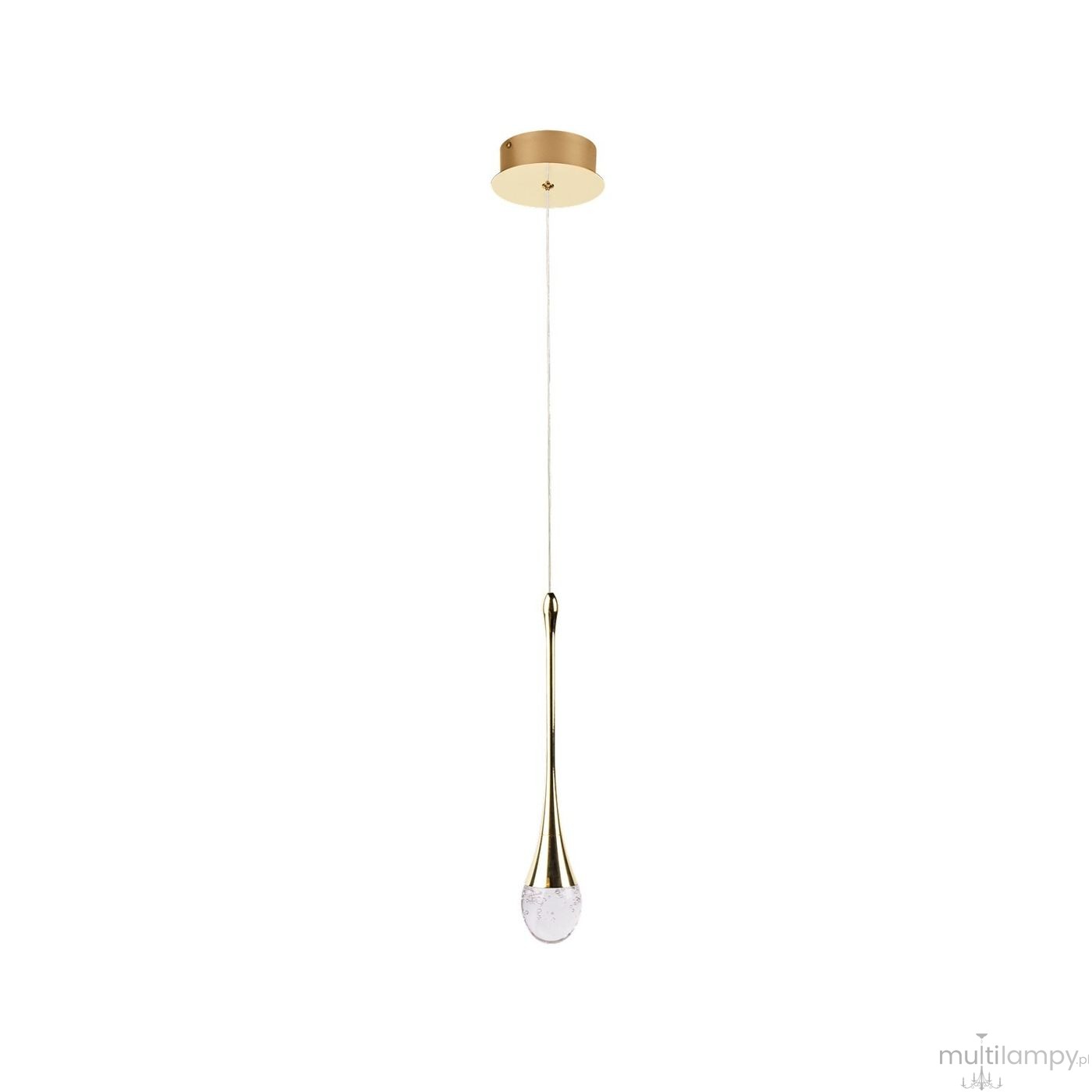 Lampa wisząca LED Dalma 4W w kolorze złotym, o smukłym, kroplowym kształcie. Posiada przezroczystą szklaną końcówkę, zawieszona na cienkim przewodzie, montowana na okrągłej podstawie sufitowej. Tło proste, białe.