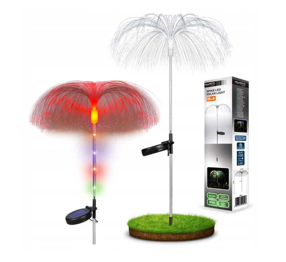 Meduza RGB lampa solarna ogrodowa H77 LED, z przezroczystym, elastycznym kloszem imitującym morską meduzę, wbijana w ziemię. Zasilana energią słoneczną, z kolorowymi diodami LED, w zestawie z opakowaniem na trawie.