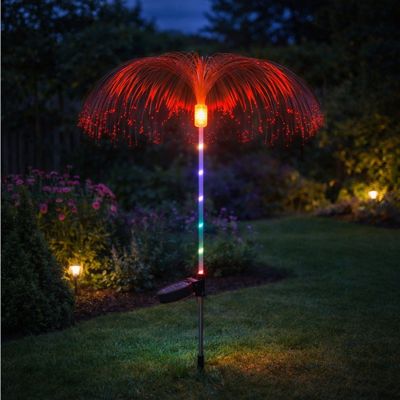 Meduza RGB lampa solarna ogrodowa wbijana H77 LED z efektem świetlnym w postaci kolorowych włókien, umieszczona w ogrodzie. Lampa ma metalowy słupek, a na górze znajduje się kulista jednostka LED, świecąca w różnych kolorach.