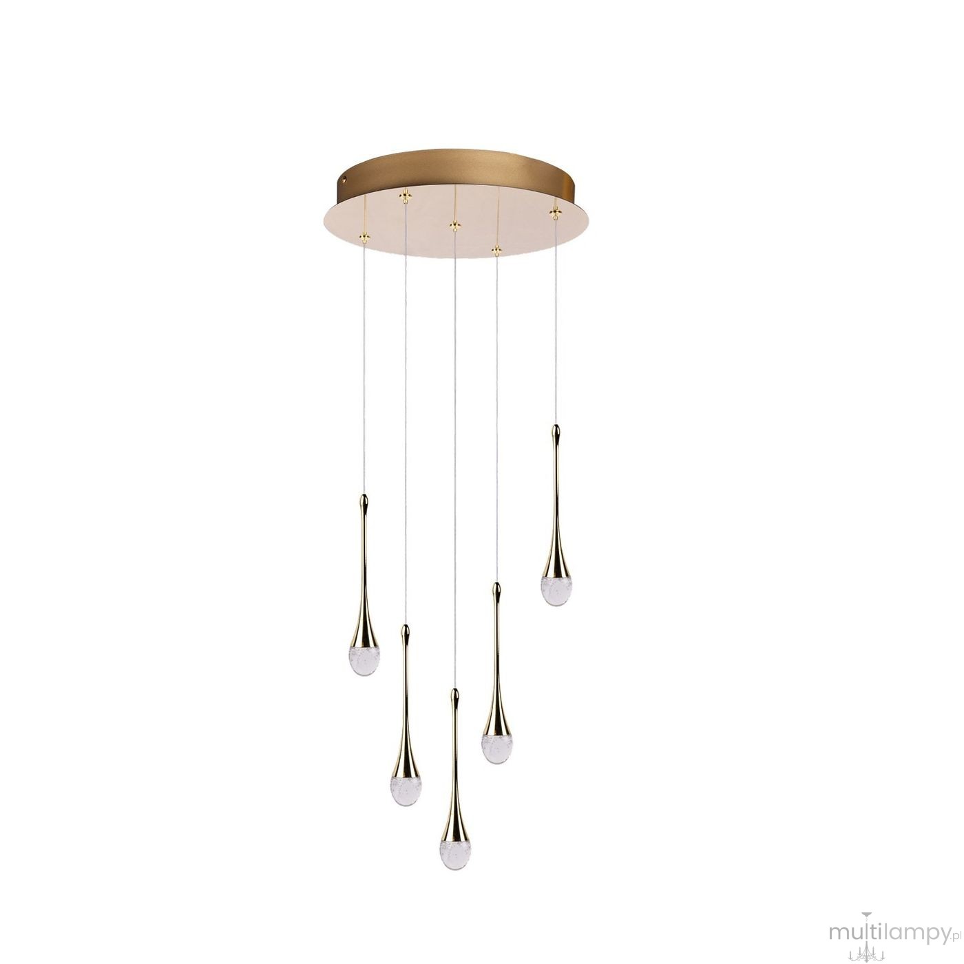 Lampa wisząca Dalma z pięcioma źródłami LED o mocy 28W, w złotym wykończeniu. Posiada zwisające, kroplowate klosze w przezroczystym kolorze, zawieszone na cienkich linkach. Montowana na okrągłej, złotej podstawie.