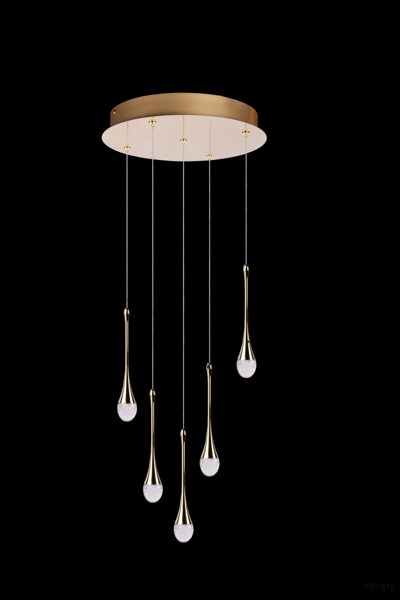 Lampa wisząca Dalma 5xLED 28W w kolorze złotym, z pięcioma zwisającymi źródłami światła w kształcie kropli. Utrzymana w nowoczesnym stylu, z metalowym, okrągłym mocowaniem. Kabelki przezroczyste, na jednolitym, czarnym tle.