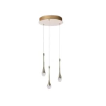 Lampa wisząca Dalma 3xLED 28W w kolorze złotym, z okrągłą podstawą i trzema zwisającymi kloszami w kształcie kropli. Klosze mają przezroczyste elementy, co podkreśla nowoczesny design. Produkt zawieszony na cienkich linkach, na białym tle.