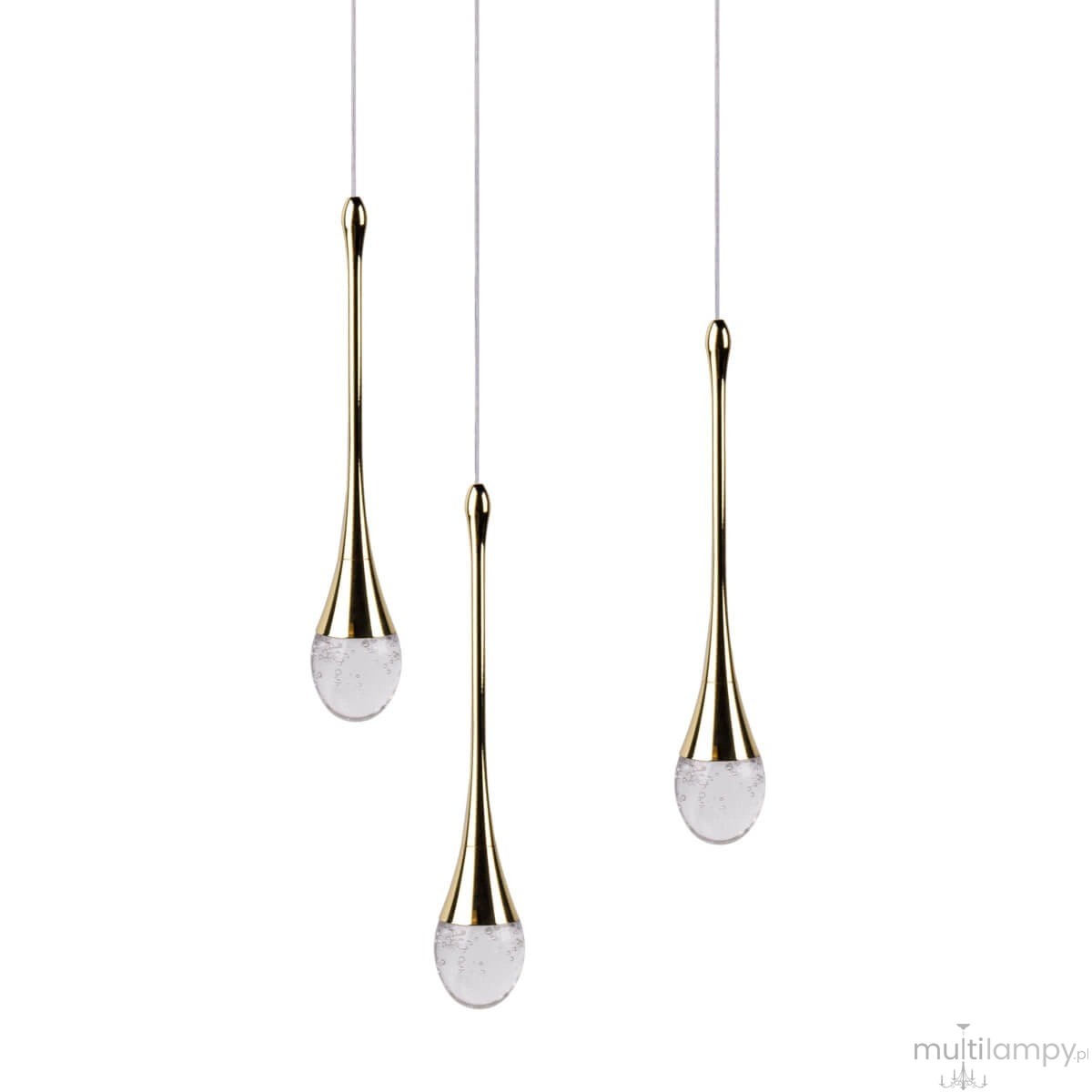 Lampa wisząca Dalma 3xLED 28W w kolorze złotym, składająca się z trzech wiszących elementów w kształcie kropli. Każda kropla ma przezroczystą, teksturowaną podstawę. Produkt zawieszony na cienkich, białych linkach.