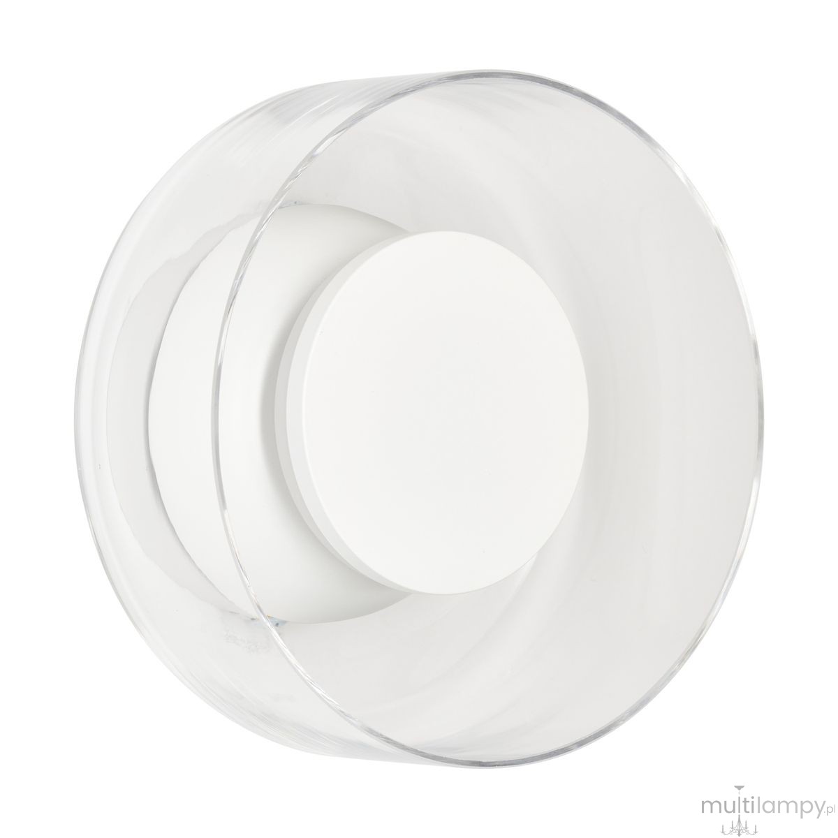Kinkiet LED Donut 6W 3000K w kolorze transparentnej bieli. Okrągła, płaska obudowa z przezroczystego materiału, z centralnym białym elementem. Ujęcie z góry, pokazujące detal konstrukcji. Idealny do nowoczesnych wnętrz.
