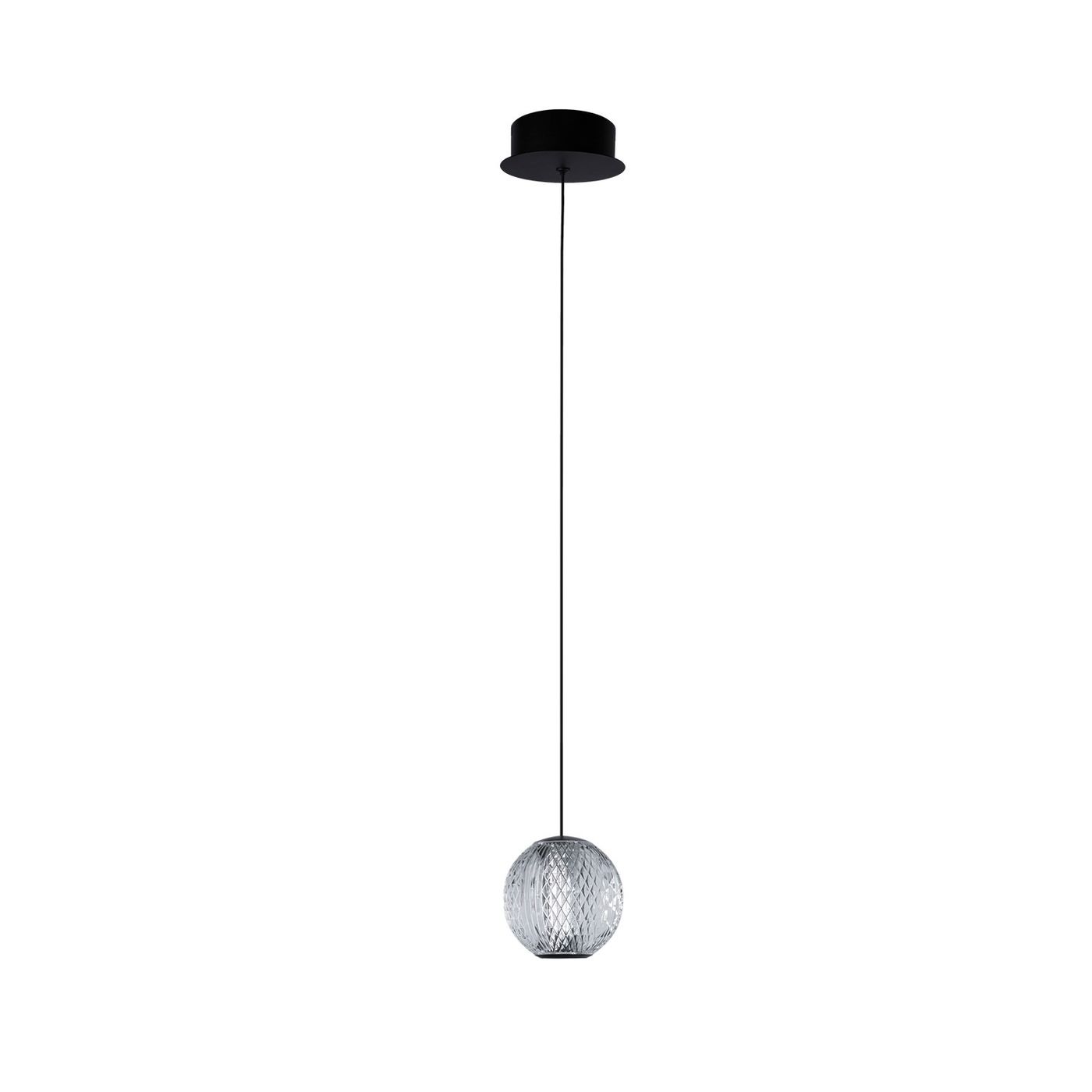 Lampa wisząca LED Edem 4,2W w kolorze czarnym, z okrągłym kloszem o teksturowanej powierzchni. Zawieszona na cienkim przewodzie, montowana do sufitu, idealna do nowoczesnych wnętrz. Klosz w przezroczystym kolorze.