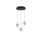 Czarna lampa wisząca Edem z trzema szklanymi kulami LED 21W. Kule mają teksturowaną powierzchnię, zawieszone na cienkich linkach z okrągłą podstawą. Idealna do nowoczesnych wnętrz.