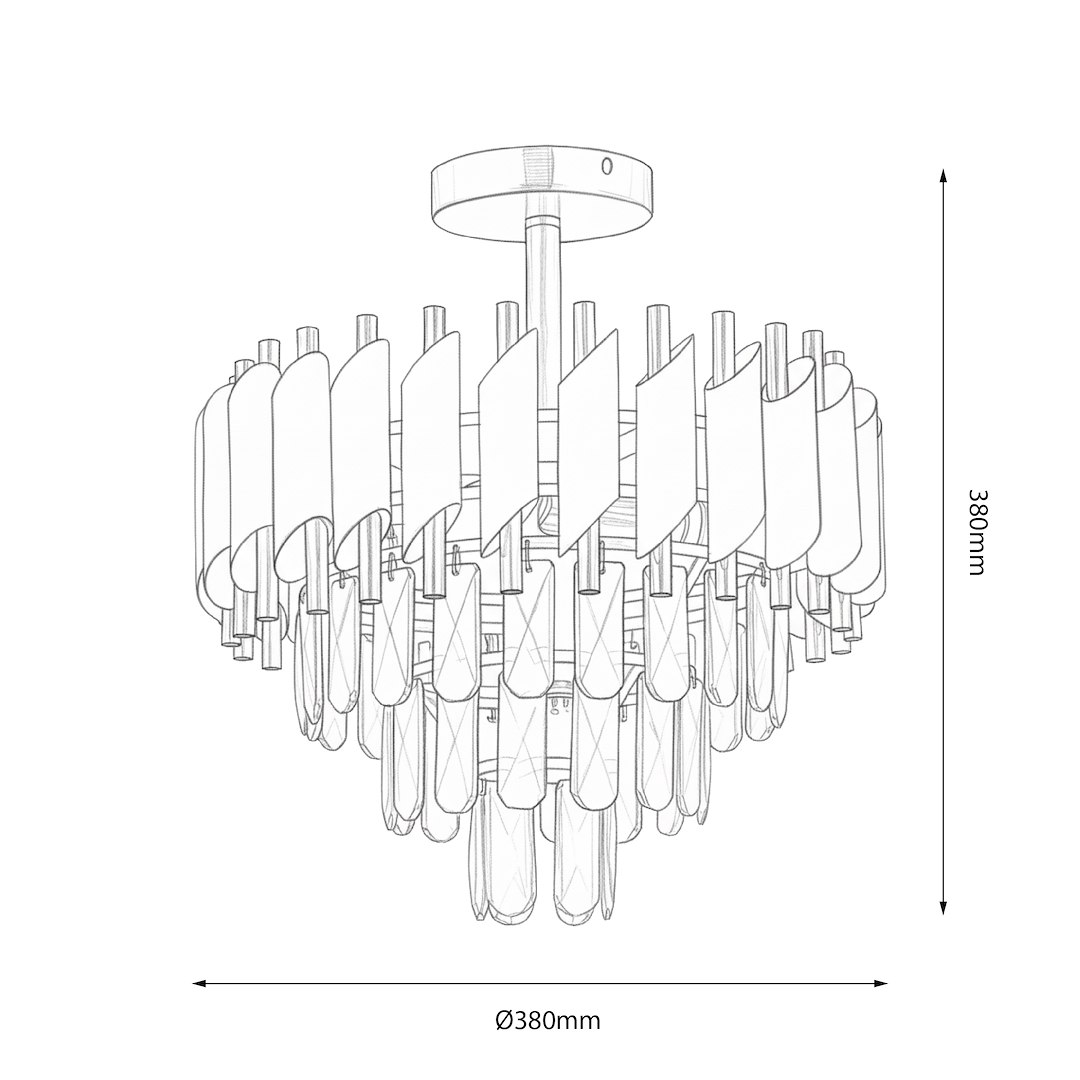 Lampa sufitowa Cristal w kolorze złotym, z pięcioma gniazdami E14. Okrągła konstrukcja o średnicy 380 mm i wysokości 380 mm, z dekoracyjnymi, falistymi elementami. Montowana na suficie, idealna do nowoczesnych wnętrz.
