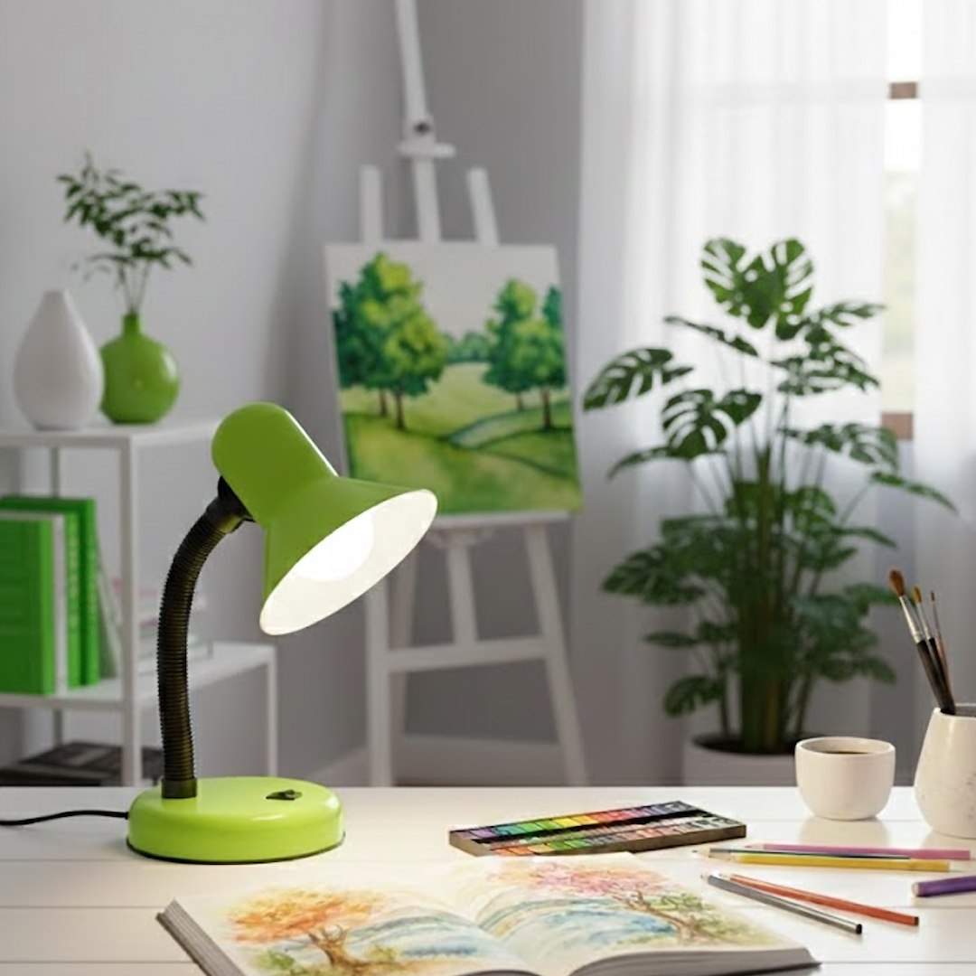Zielona lampka biurkowa Mentor z żarówką E27, z elastycznym ramieniem, stojąca na biurku. W tle widoczne akcesoria artystyczne, książki i rośliny, a także obraz na sztaludze. Proste tło w jasnych kolorach.