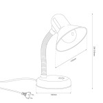 Zielona lampka biurkowa Mentor z miejscem na żarówkę E27. Elastyczny, giętki ramieniem oraz okrągła podstawa. Wysokość regulowana od 200 do 330 mm, średnica klosza 135 mm, szerokość podstawy 140 mm. Kabel z wtyczką widoczny.