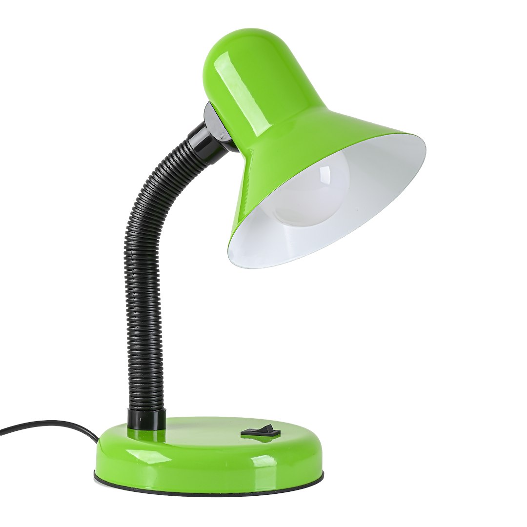 Lampka biurkowa Mentor 1xE27 w kolorze zielonym, z elastycznym ramieniem z czarnego tworzywa. Abażur w błyszczącej zieleni z białym wnętrzem. Okrągła, stabilna podstawa z przyciskiem włącznika. Idealna do biura lub pokoju dziecięcego.